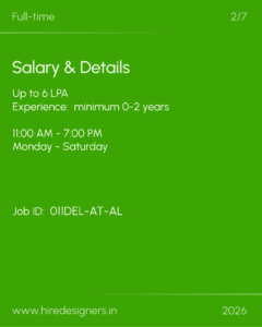 Green poster with details for a job: Full-time (top left) 2/7, heading Salary & Details, 'Up to 6 LPA', 'Experience: minimum 0-2 years', '11:00 AM - 7:00 PM', 'Monday - Saturday', Job ID: 01IDEL-AT-AL, www.hiredesigners.in, 2026