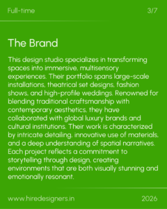 Green slide with large 'The Brand' title and long white paragraph about a design studio; bottom shows the URL and year 2026.