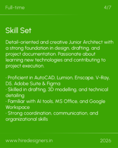 Green resume header: top-left 'Full-time', top-right '4/7', large 'Skill Set' with a long descriptive paragraph beneath.