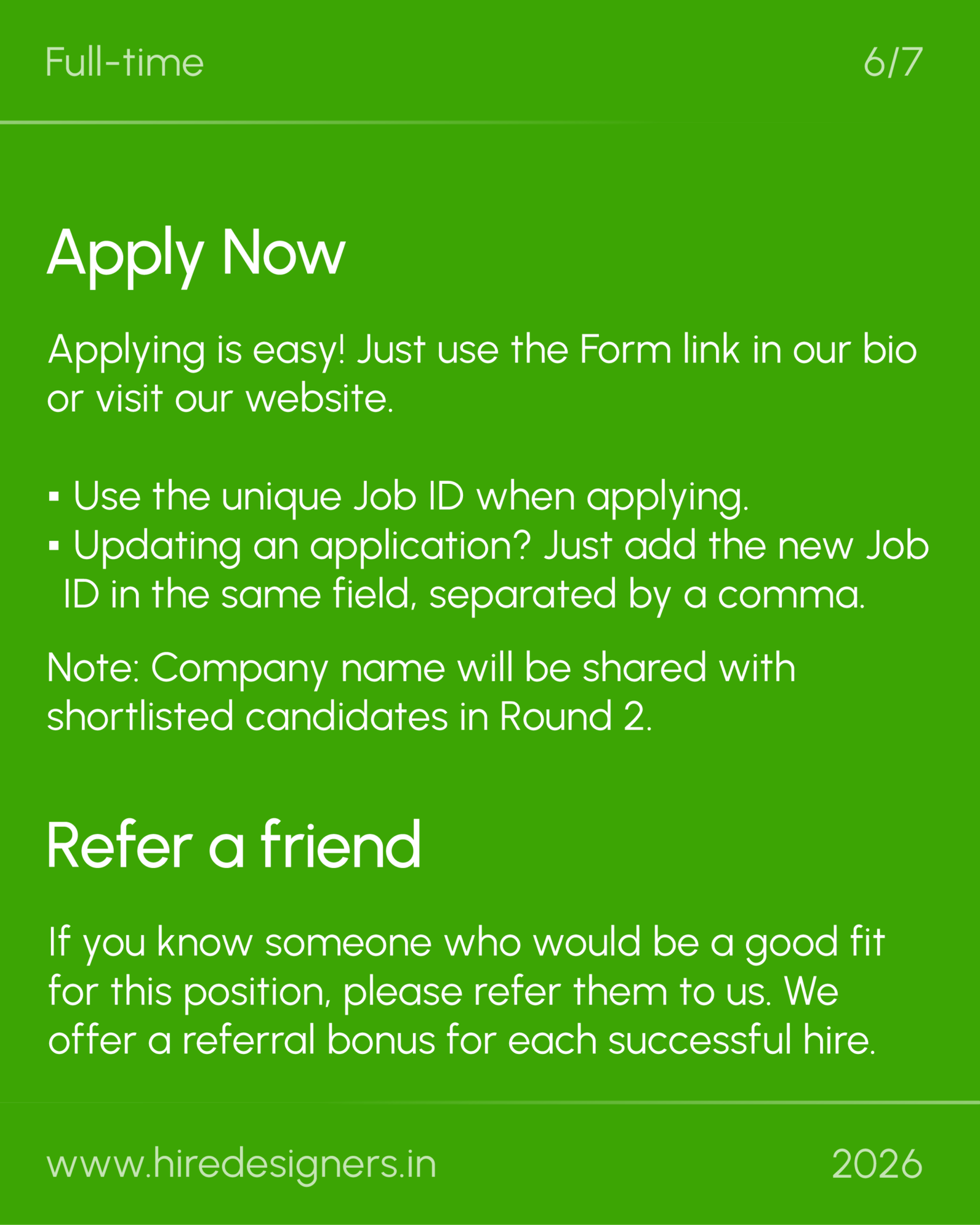 Jr Architect-Del_22 - Hire Designers Promotional green slide with 'Full-time' in the corner, large 'Apply Now' heading and bullet instructions for applying.