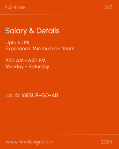 Orange job poster: Full-time position with Salary & Details, up to 6 LPA and 0–1 years experience; includes site www.hiredesigners.in and year 2026