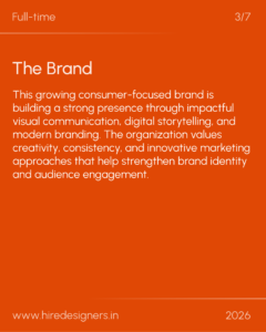 Orange slide featuring the title 'The Brand' and a long paragraph about a growing consumer-focused brand emphasizing visual communication, digital storytelling, and modern branding; includes website and year 2026 at the bottom.