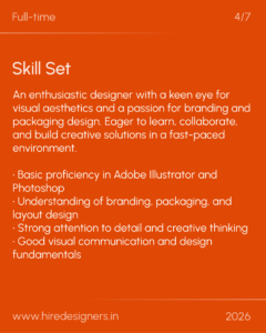 Orange background page listing a designer's Skill Set: large 'Skill Set' heading, long bulleted text of skills, site URL www.hiredesigners.in and year 2026 at the bottom.