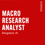 Red promotional poster for a full-time Macro Research Analyst role in Bangalore, India; shows 'HIRING' vertically and site www.hiredesigners.in.