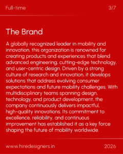 Red poster with large white typography: 'Full-time' at top, 'The Brand' headline and lengthy paragraph about mobility and innovation; bottom shows www.hiredesigners.in and 2026.