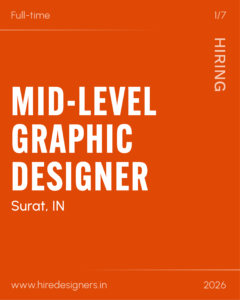 Job recruitment poster: Full-time, mid-level graphic designer position in Surat, IN. Includes website www.hiredesigners.in and year 2026.