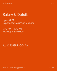 Job posting card: Full-time position with salary up to 8 LPA and 2+ years experience; 9:30 AM–6:30 PM, Mon–Sat.