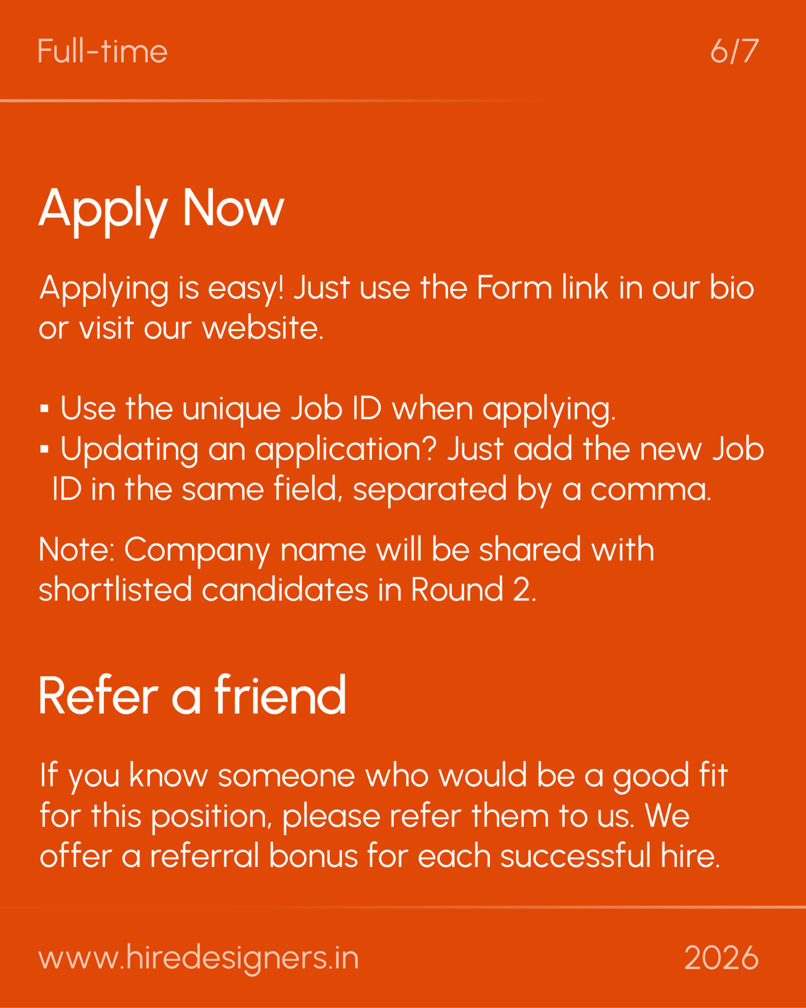 Mid lvl Graphic-SUR_30 - Hire Designers Orange recruitment poster with large 'Apply Now', bulleted guidance, 'Refer a friend' and the URL www.hiredesigners.in (2026).