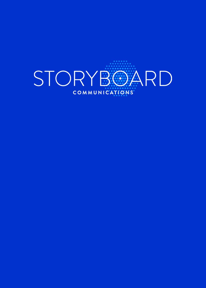 Storyboard Communications logo on a blue background in white typography with a dotted circle accent.