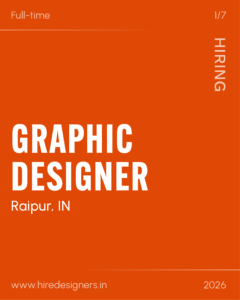 Orange hiring poster announcing a full-time Graphic Designer role in Raipur, IN, with the website www.hiredesigners.in and 2026 visible in white text.