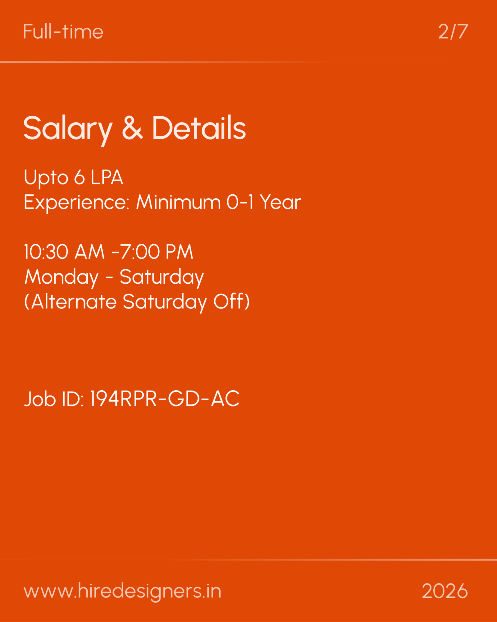Orange recruitment poster: 'Full-time' and 'Salary & Details' with work hours and job ID information.