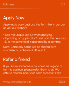 Orange recruitment banner with large 'Apply Now' heading and bullet instructions about applying for a full-time position.