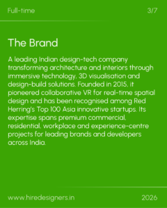 Slide header: 'Full-time' with 'The Brand' and a long intro paragraph about a leading Indian design‑tech company on a bright green background.